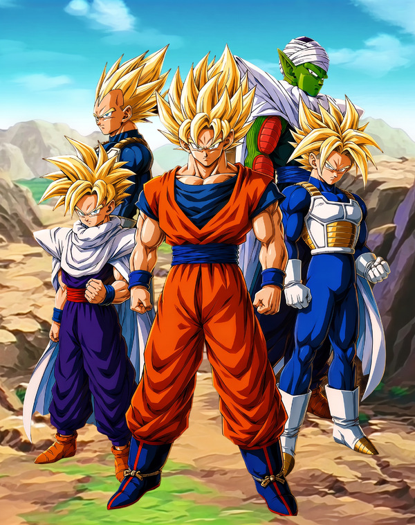 Official Dragon Ball Z Cell Games shitajiki showing a five-character lineup with Super Saiyan fighters and Piccolo on a rocky battlefield, archived as a visual canon reference.