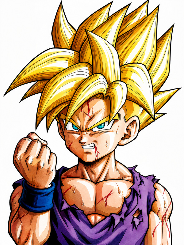 Dragon Ball Z artwork of SSJ Gohan in a battle-scarred close-up with golden Super Saiyan hair, blood marks, torn purple gi and a clenched fist.