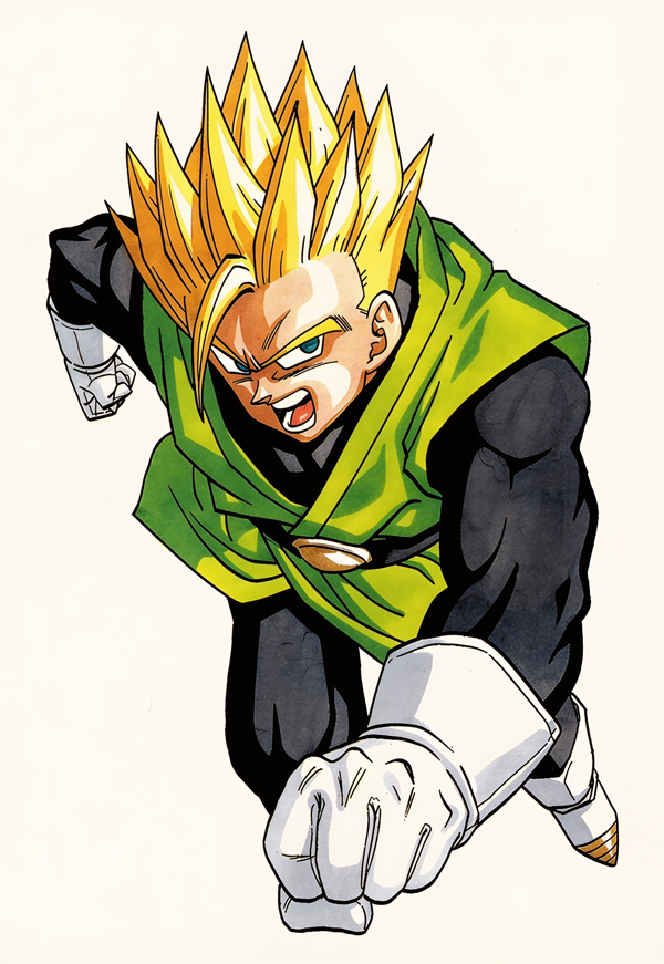 Dragon Ball Z artwork of SSJ2 Gohan in a Buu Saga Great Saiyaman-era outfit, flying forward with golden Super Saiyan hair and a clenched fist on a white background.