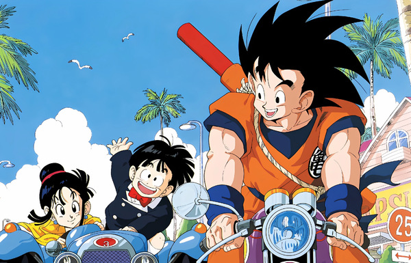Official Dragon Ball Z shitajiki featuring Goku, Gohan and Chi-Chi riding a motorcycle and sidecar in a bright Namek Saga era family scene.