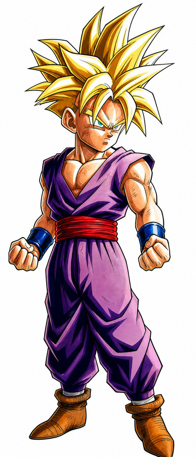 Dragon Ball Z artwork of SSJ Gohan standing in a purple gi with golden Super Saiyan hair, clenched fists and a white background as a Cell Saga visual reference.