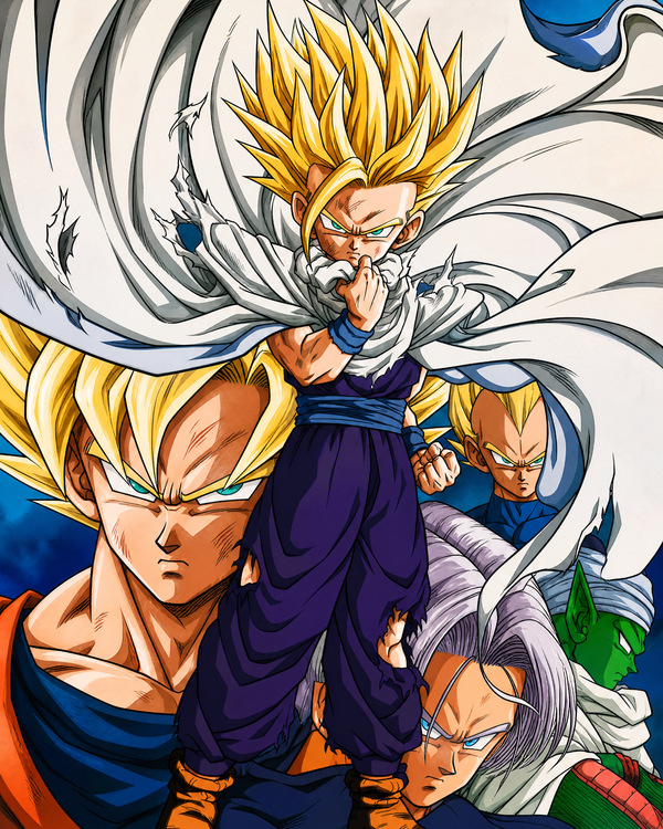 Official Dragon Ball Z Cell Saga shitajiki featuring SSJ Goku, SSJ2 Gohan, SSJ Vegeta, Future Trunks and Piccolo in a dramatic Cell Games Super Saiyan lineup.