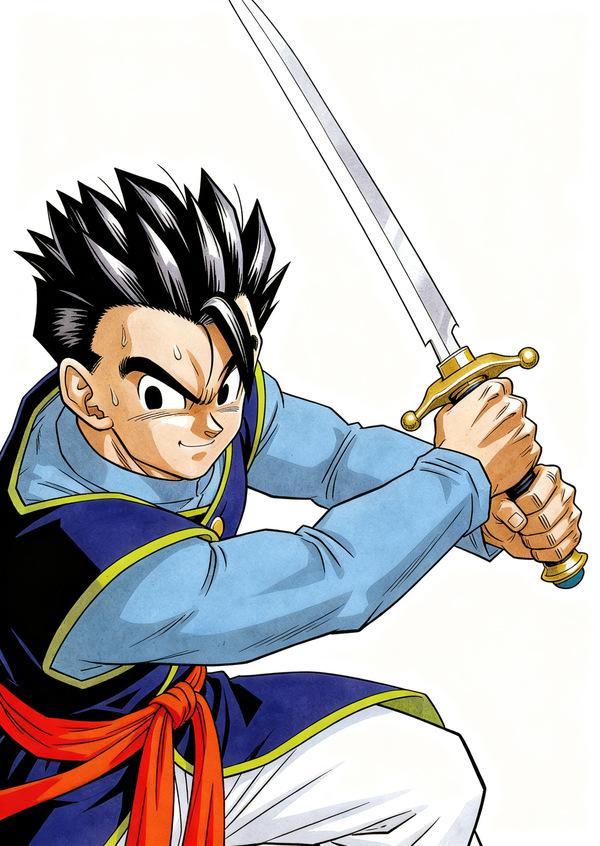 Dragon Ball Z artwork of Buu Saga Gohan holding the Z Sword in a two-handed stance, wearing a Kai-inspired outfit on a white background as a sword training visual reference.