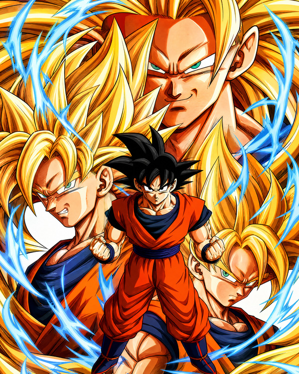 Dragon Ball Z Buu Saga artwork of Goku standing in base form with Super Saiyan, Super Saiyan 2 and Super Saiyan 3 forms behind him, surrounded by blue energy.