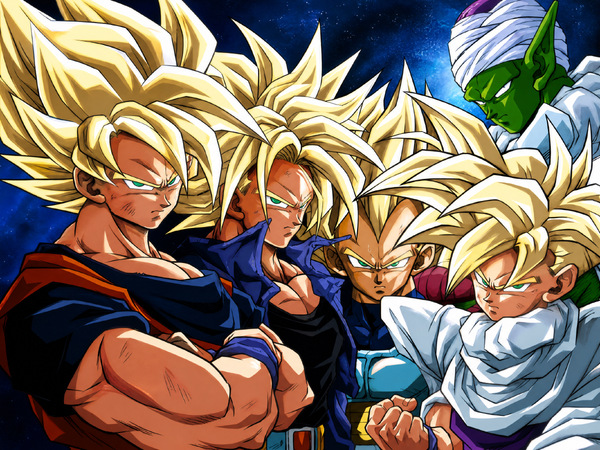 Dragon Ball Z Cell Saga group artwork showing Super Saiyan Goku, Future Trunks, Vegeta, Gohan and Piccolo in a tight character lineup against a dark blue background.