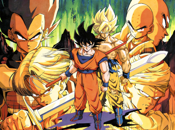 Dragon Ball Z Cell Saga collage artwork showing Goku at the center with layered portraits of Super Saiyan fighters and supporting Z Fighters, including sword imagery and a dramatic late-arc team composition.
