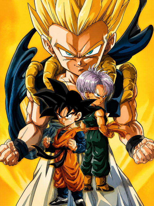 Dragon Ball Z Buu Saga artwork showing Goten and Trunks in the foreground with Super Saiyan Gotenks behind them, highlighted as a fusion-era visual reference.