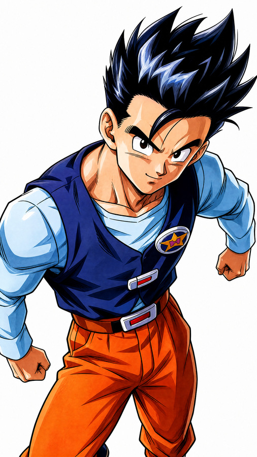 Dragon Ball Z artwork of Buu Saga Gohan in his Orange Star High School outfit, leaning forward with a focused expression on a white background as a casual character design reference.