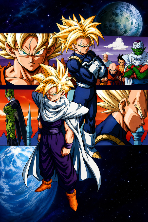 1993 Dragon Ball Z vintage poster showing a Cell Saga collage with Super Saiyan fighters, team members, space backgrounds and a central duo in the foreground.