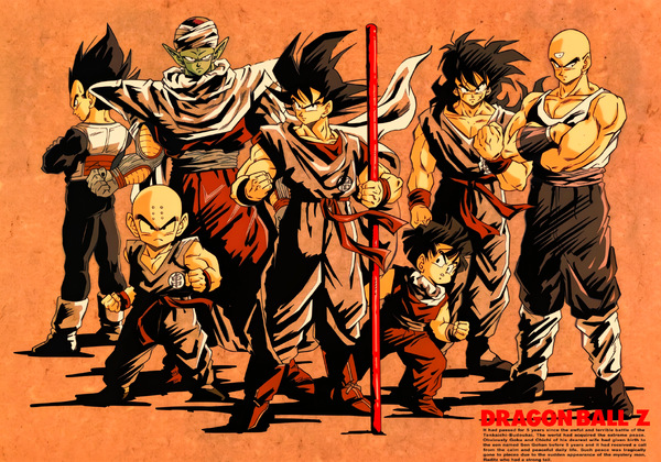 Dragon Ball Z Freeza Saga era group artwork showing Goku, Gohan, Krillin, Yamcha, Tien, Vegeta and Piccolo in a classic orange poster-style Z Fighters lineup