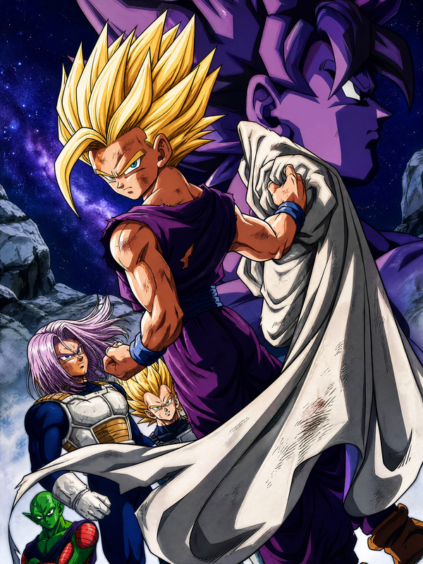 Dragon Ball Z Cell Games artwork showing SSJ2 Gohan in a torn purple outfit holding a damaged white cape, with supporting Cell Saga fighters and a large shadowed portrait in the background.