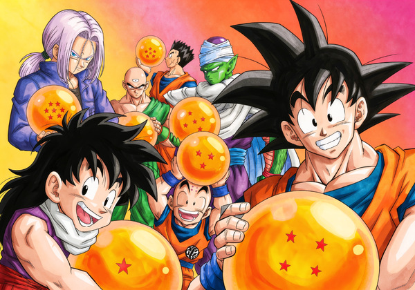 Dragon Ball Z Cell Saga era group artwork showing Goku, Gohan, Future Trunks, Krillin, Piccolo, Tien and Yamcha holding Dragon Balls in a bright promotional composition with a visual nod to wish mythology.