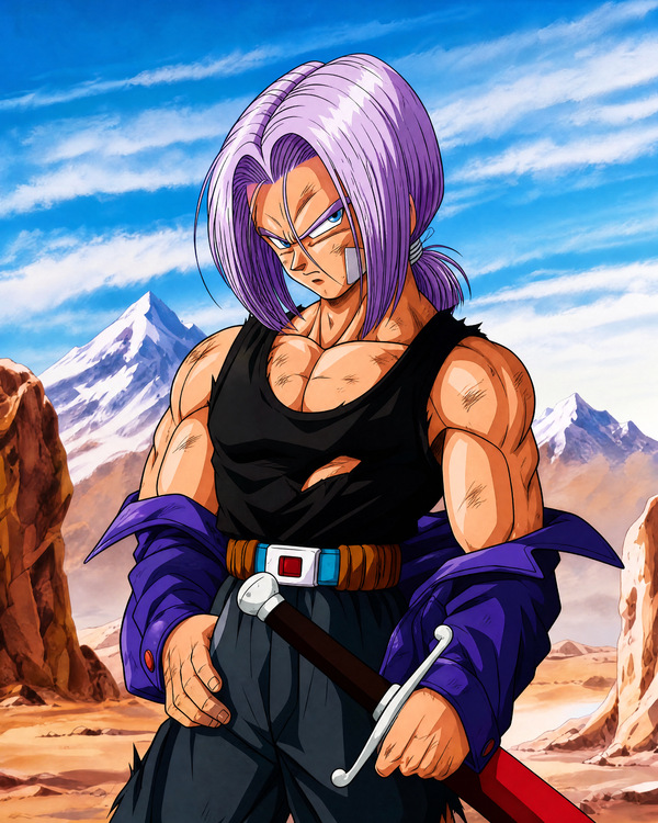 Dragon Ball Z Cell Saga artwork showing Future Trunks in a battle-worn outfit with his sword in hand, standing in a rocky desert landscape as a dramatic character design reference.