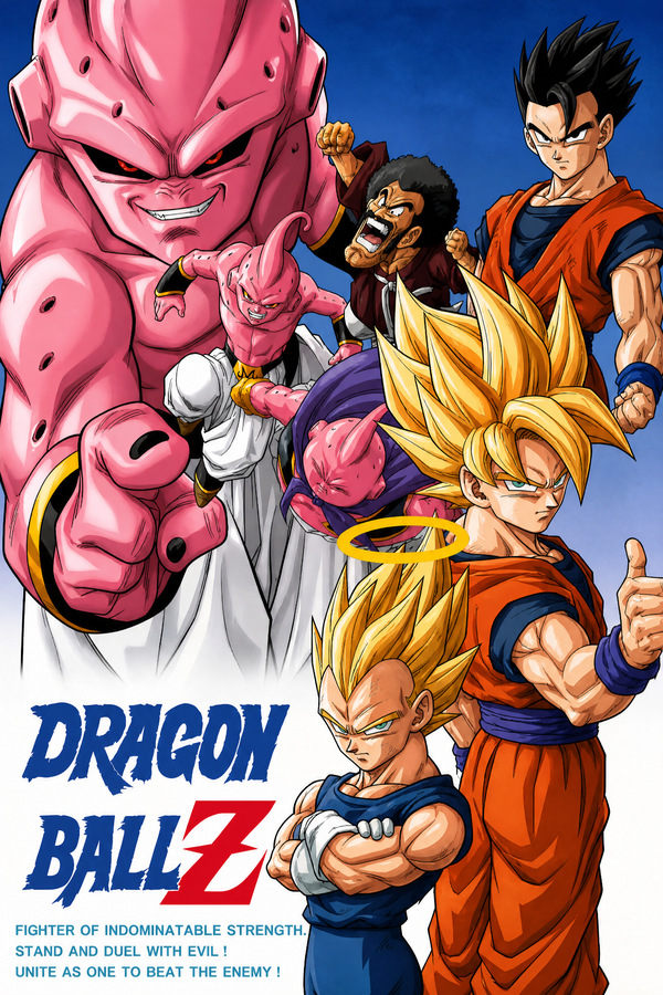 Dragon Ball Z Buu Saga poster-style artwork showing Goku, Vegeta, Gohan, multiple Majin Buu forms and Mr. Satan in a vertical promotional composition.