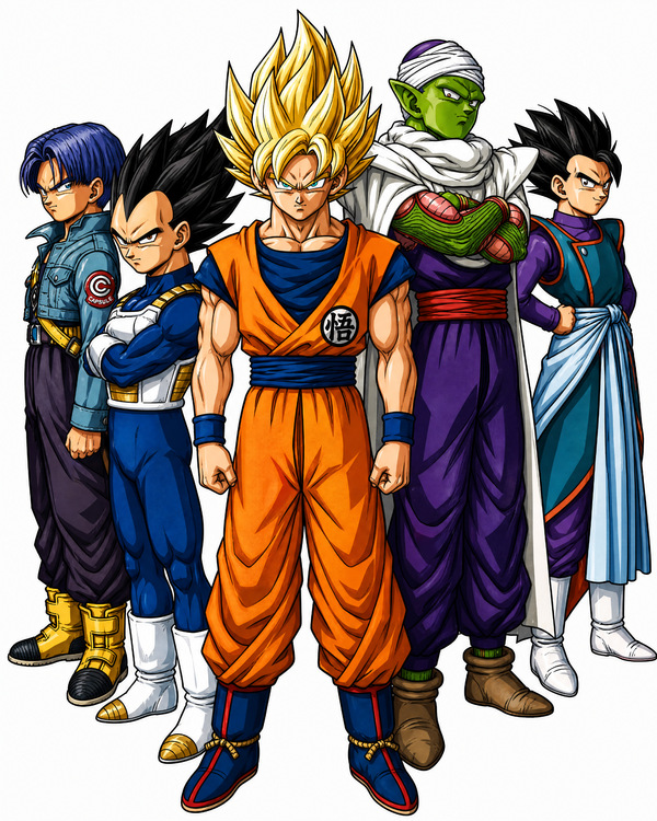 Dragon Ball Z lineup artwork showing Super Saiyan Goku at the center with Future Trunks, Vegeta, Piccolo and Gohan standing around him on a white background as a character design reference.