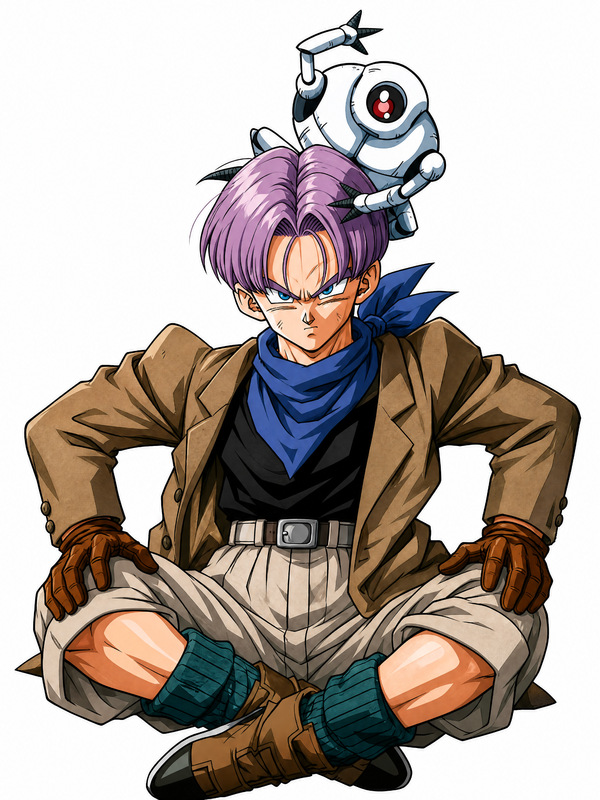 Dragon Ball GT artwork of Trunks seated cross-legged in a travel outfit with gloves, boots and a small robot companion above him on a white background.