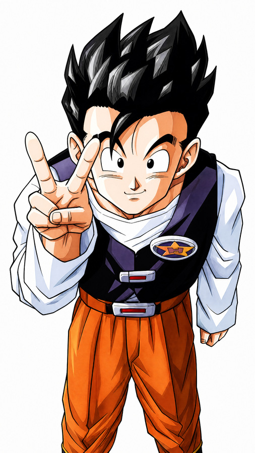 Dragon Ball Z artwork of Buu Saga Gohan in his Orange Star High School outfit, smiling with a peace sign pose on a white background as a casual character design reference.