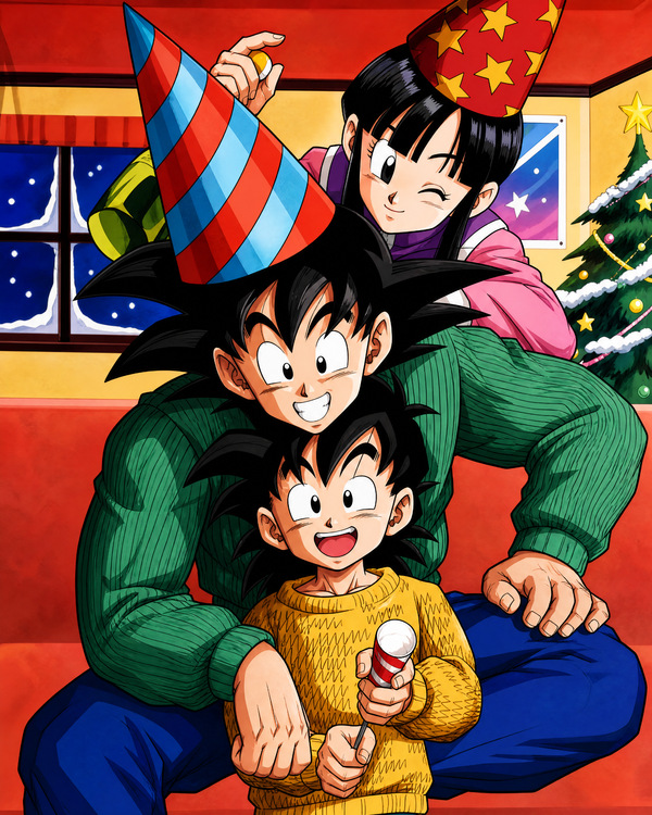 Dragon Ball family holiday artwork featuring Goku, Gohan and Chi-Chi celebrating indoors with party hats, a Christmas tree and a cheerful winter atmosphere.