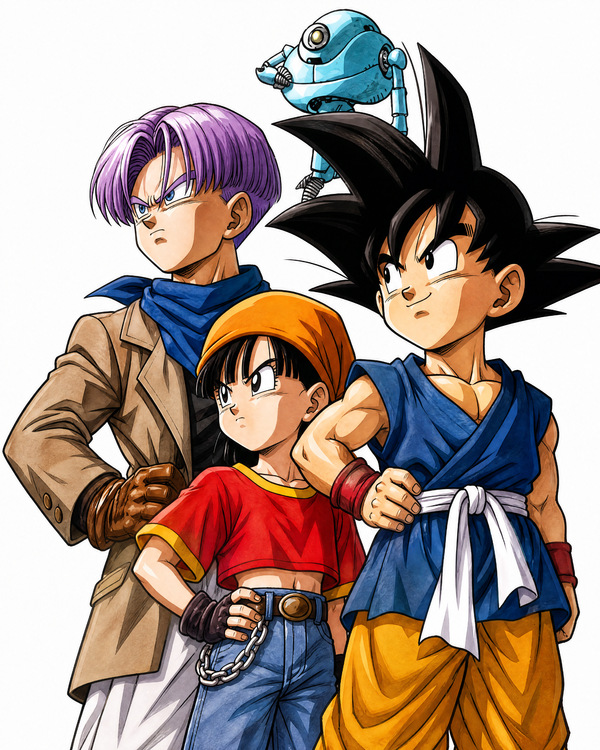 Dragon Ball GT artwork featuring Goku, Pan and Trunks in an adventure-team pose with Giru above them, highlighting Grand Tour-era costumes and space-travel energy.