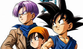 Dragon Ball GT Adventure Trio Artwork — Goku, Pan and Trunks with Giru