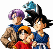 Dragon Ball GT Adventure Trio Artwork — Goku, Pan and Trunks with Giru