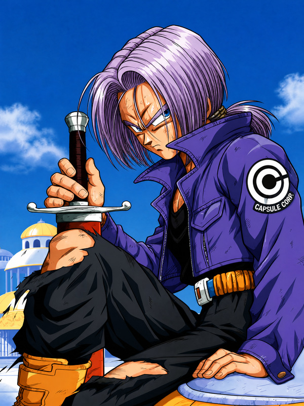 Dragon Ball Z artwork of Future Trunks seated with his sword, wearing a purple Capsule Corp jacket and battle-worn clothing against a blue sky background.