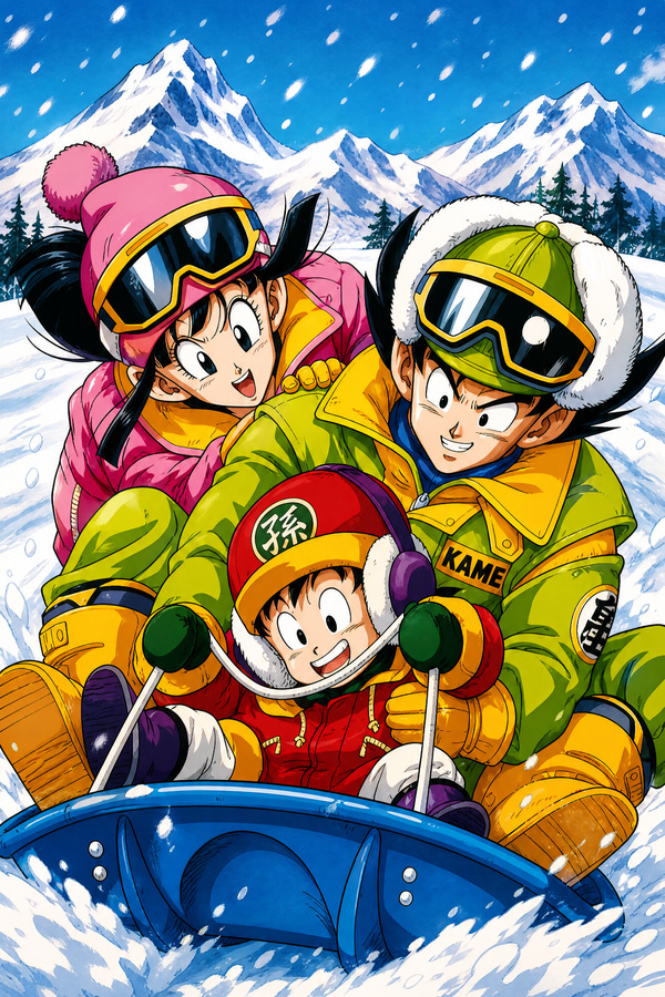 Dragon Ball Z winter artwork showing Goku, Chi-Chi and Gohan riding a sled through the snow in colorful cold-weather outfits with mountains in the background.
