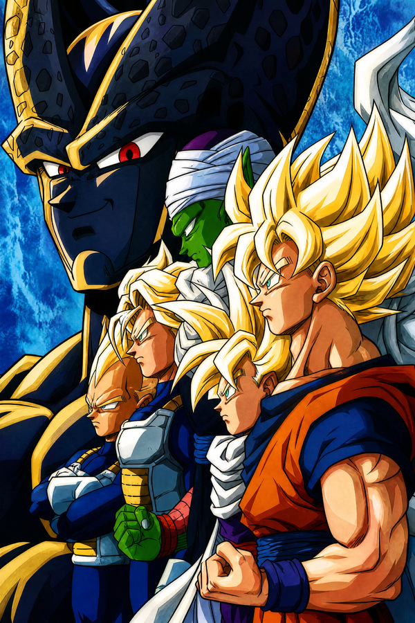 Dragon Ball Z Cell Saga artwork showing Cell looming in the background behind Super Saiyan Goku, Super Saiyan Gohan, Future Trunks, Vegeta and Piccolo in a dramatic side-profile team formation.