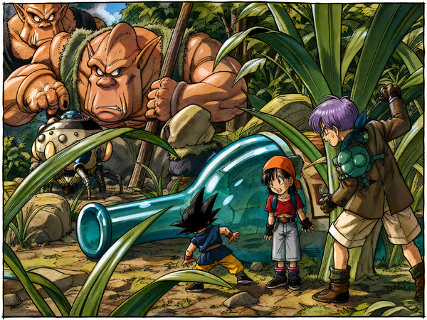 Dragon Ball GT artwork showing Trunks, Pan and kid Goku exploring a dense jungle while confronting giant creatures, with a small robot companion and a large blue structure in the foreground.