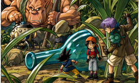 Dragon Ball GT Jungle Adventure Artwork — Trunks, Pan et Goku face aux géants