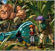 Dragon Ball GT Jungle Adventure Artwork — Trunks, Pan et Goku face aux géants