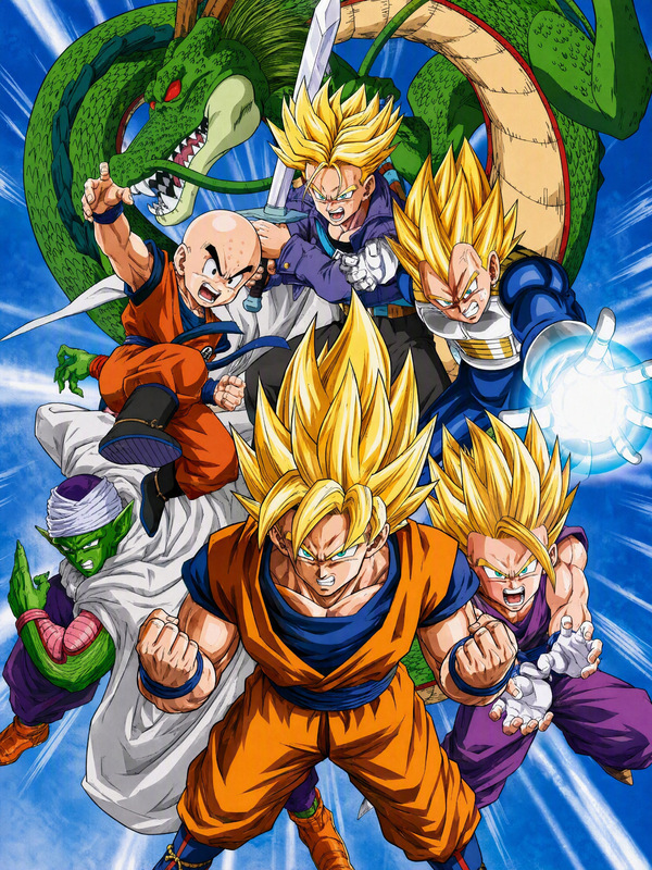 Illustration Dragon Ball Z Cell Saga montrant Shenron en arrière-plan avec Piccolo, Krilin, un Super Saiyan Goku au centre, Future Trunks Super Saiyan, Vegeta Super Saiyan et Gohan Super Saiyan 2 en formation d’attaque.