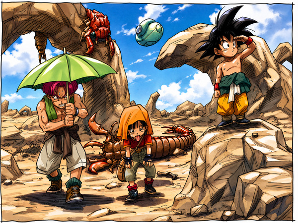 Illustration Dragon Ball GT montrant Trunks, Pan, Goku enfant et Giru dans un paysage désertique rocheux, entourés de créatures géantes, dans une scène d’exploration extraterrestre au ton aventureux et humoristique.