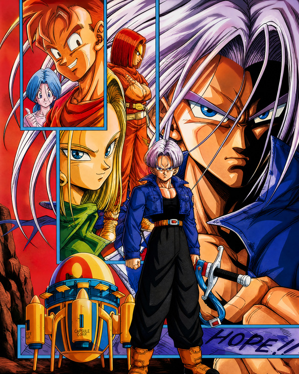 Dragon Ball Z Future Timeline artwork showing Future Trunks with Future Gohan, Future Bulma, Android 17, Android 18 and the time machine in a layered alternate timeline composition.