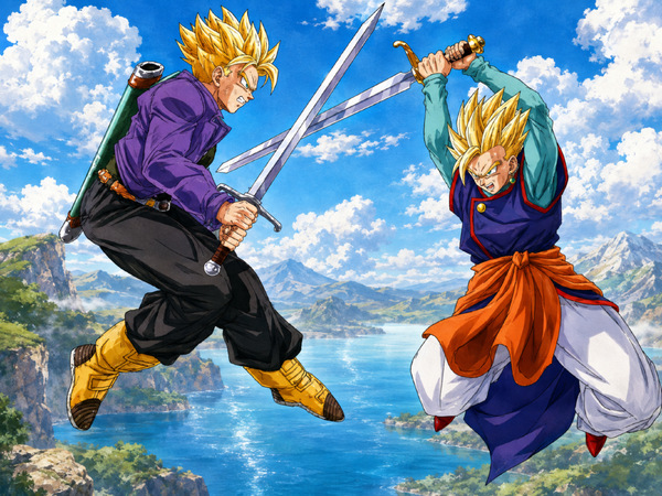 Adult Super Saiyan Future Trunks on the left and adult Super Saiyan Gohan on the right cross swords in mid-air above a blue lake surrounded by mountains under a cloud-filled sky.