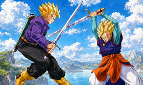 Super Saiyan Gohan x Super Saiyan Future Trunks Sword Clash — Restored DBZ Fanart