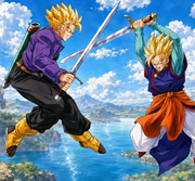 Super Saiyan Gohan x Super Saiyan Future Trunks Sword Clash — Restored DBZ Fanart