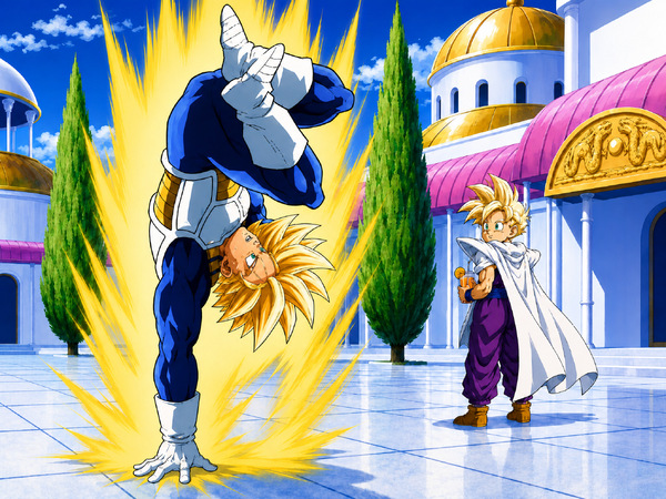 Young Super Saiyan Gohan holds an orange-colored drink and looks back at Super Saiyan Future Trunks balancing on one hand at Kami’s Lookout.