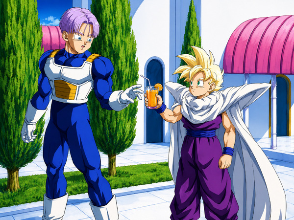 Young Super Saiyan Gohan holds two blue cups and offers one to lavender-haired Future Trunks at Kami’s Lookout.