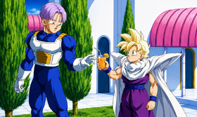 Young Super Saiyan Gohan Offers Future Trunks a Drink at Kami’s Lookout