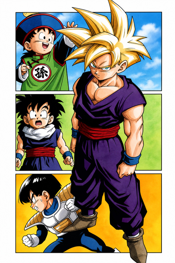 Official Dragon Ball Z Kai artbook scan showing Gohan in multiple designs, including child Gohan, battle armor Gohan and Super Saiyan Gohan as a character reference.