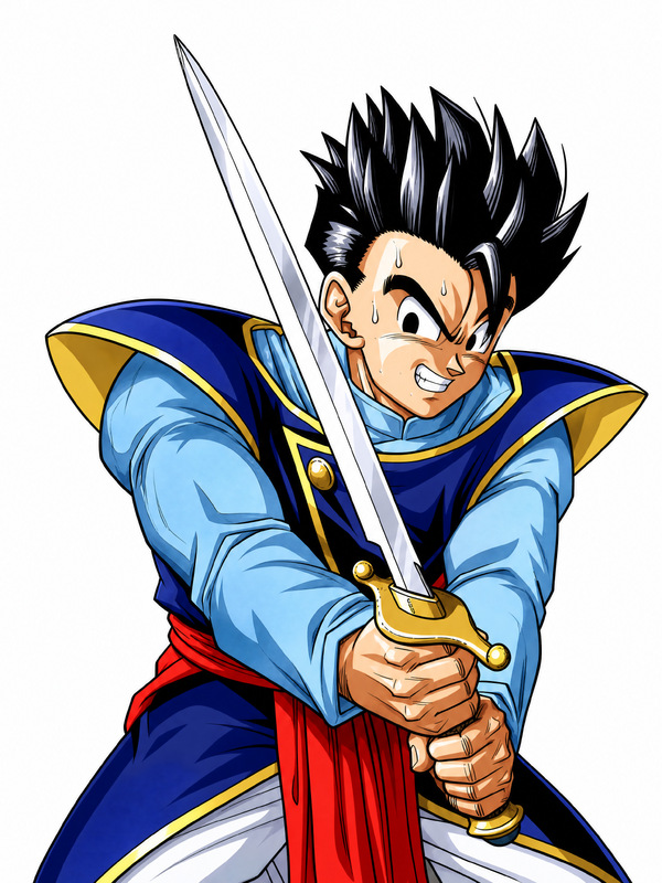 Dragon Ball Z artwork of Gohan holding a sword in a blue and green adventure-style outfit, archived as a visual reference for costume variation and character design.