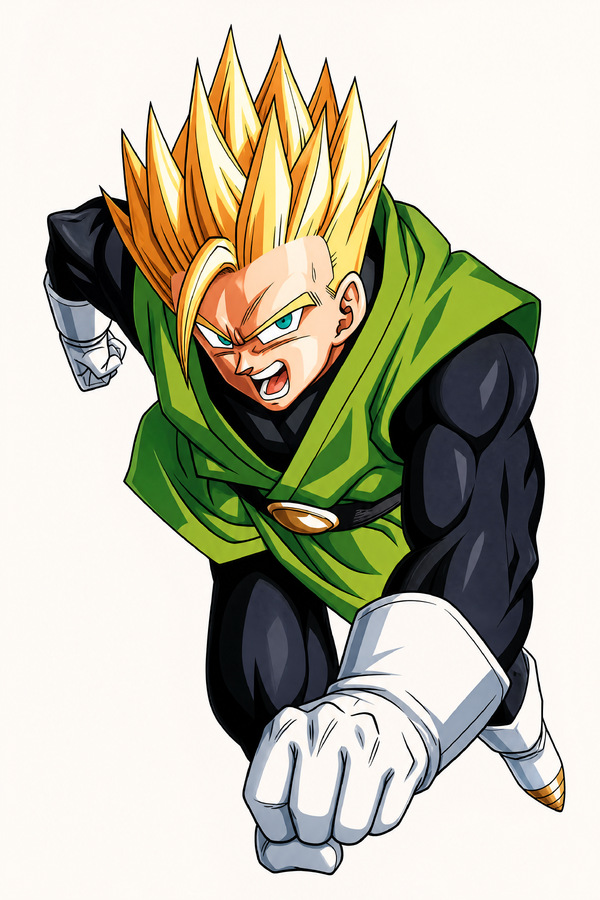 Dragon Ball Z artwork of SSJ2 Gohan in a Buu Saga Great Saiyaman-era outfit, flying forward with golden Super Saiyan hair and a clenched fist on a white background.