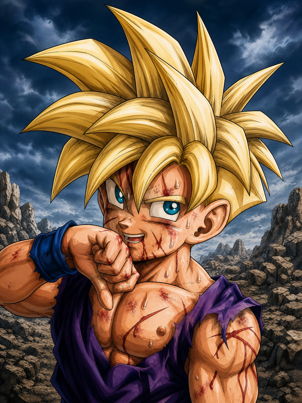 Dragon Ball Z artwork of SSJ Gohan with battle damage, torn purple gi, blood marks and golden Super Saiyan hair, archived as a Cell Saga visual reference.